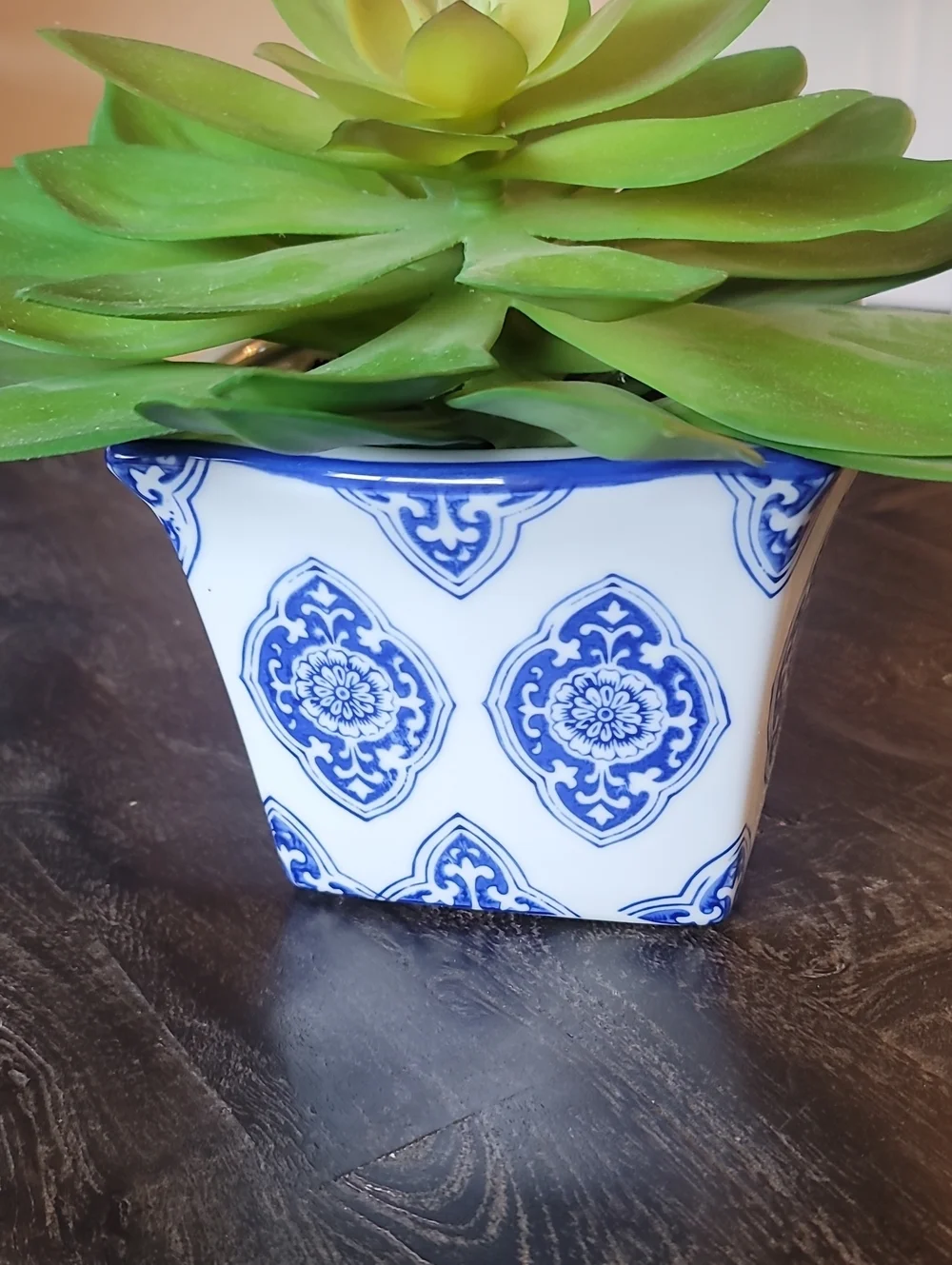 Artificial Succulent Plant in Blue and White Ceramic Pot - Unbranded